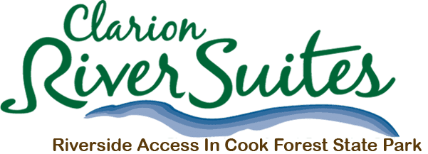 Logo of Riverside Access in Cook Forest State Park, featuring green and blue stylized elements.