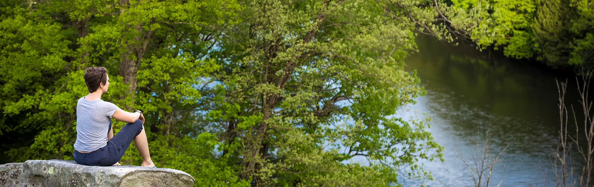 A person sitting on a rock by a peaceful river, surrounded by lush green trees.